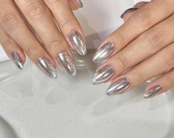 Silver Chrome Press On Nails Almond Shape Metallic Nails Glazed Nails Trendy Nails Handmade Reusable Fake Nails Gift For Her