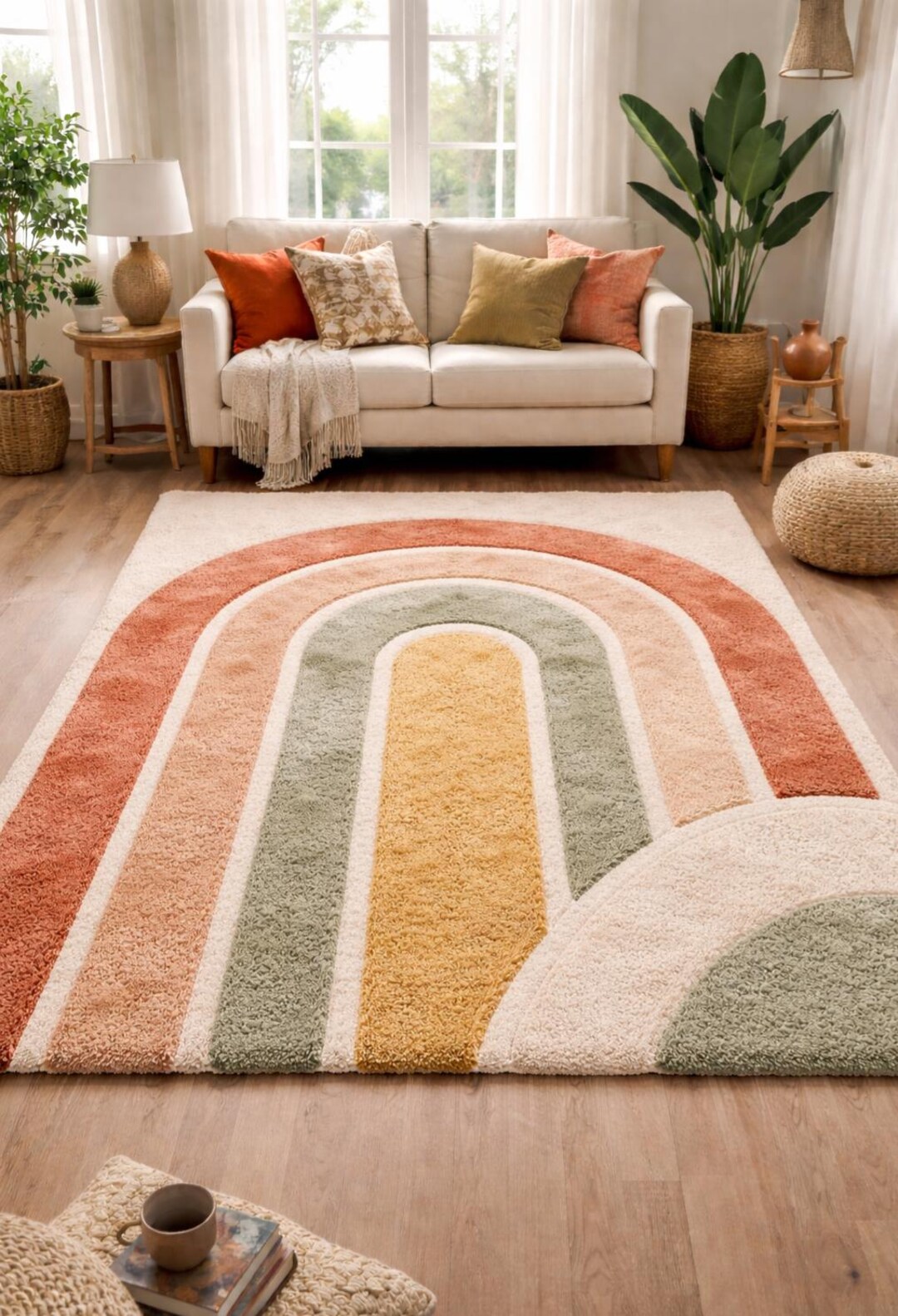 Round Arch Rug Rainbow Arch Area Rug, Modern Geometric Coral, Yellow, Sage Green ...
