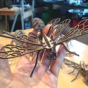 Könnte beinhalten: Ein Holzmodell eines Insekts mit detaillierten Merkmalen, einem segmentierten Körper, großen Flügeln und filigranen Bein-Strukturen. Die Flügel haben ein detailliertes, durchbrochenes Design. Das Modell wird in einer Hand gehalten.