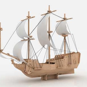 May include: A wooden model of a sailing ship with white sails. The ship has multiple masts and rigging, and is set against a white background. The ship's hull is made of light brown wood.