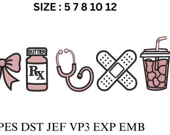 Nurse Coquette Embroidery Design Bundle, Pink Medical Icons Machine Embroidery File, RN Embroidery