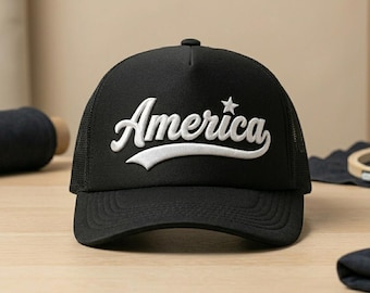 America Script Embroidery File, 3D Puff Cap Design, USA Baseball Hat Logo