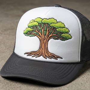 Puede incluir: Una gorra tipo trucker con panel frontal blanco y un diseño de árbol bordado. El árbol tiene tronco y raíces marrones con follaje verde brillante. La gorra incluye una visera gris oscuro y un panel trasero de malla gris oscuro a juego.