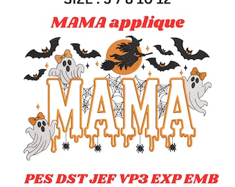 Halloween Mama Applique Embroidery Design, Spooky Ghost Bat Witch Hat (Digital Download)