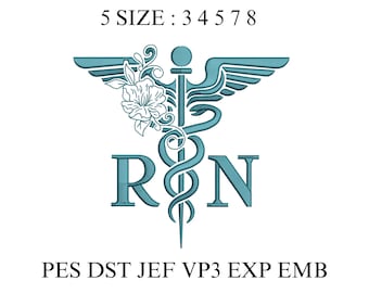 RN Caduceus Floral Embroidery Design, Registered Nurse Machine Embroidery File, Medical Symbol Flower Stitch, 5 Sizes 3 to 8 inch PES DST
