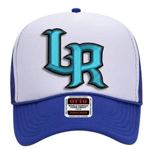 May include: A blue and white trucker hat with a blue brim and a white front panel. The front features the letters "LR" in a teal, stylized font. The hat has a mesh back and a snap closure.