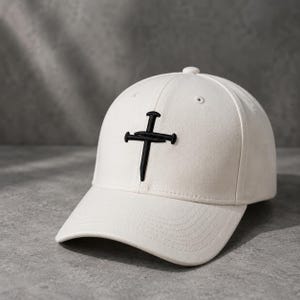 May include: A white baseball cap with a black embroidered cross design. The cap features a curved brim and a button on top. The cross is made of two intersecting nails.