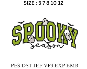 Spooky Season Ghost Embroidery Design | Halloween Varsity Lettering (Digital Download)
