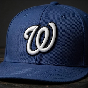 May include: A navy blue baseball cap with a white and black embroidered "W" logo. The cap has a structured crown, a curved brim, and a button on top. The hat is made of a textured fabric.