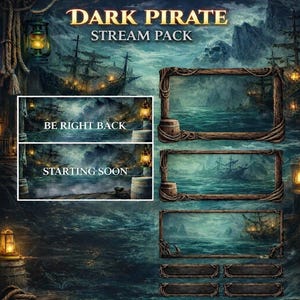 Könnte beinhalten: Dark Pirate Stream Pack mit nautischem Thema. Enthält Stream-Overlays mit Piratenschiff-, Ozean- und Schädeldesign. Der Text enthält "Dark Pirate", "Stream Pack", "Be Right Back" und "Starting Soon".