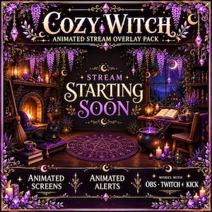 Animowana nakładka strumieniowa „Pokój Czarownicy” l Przytulny, magiczny domek czarownicy Twitch Obs Youtube Kick