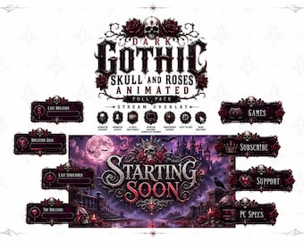 Paquete completo de superposiciones de Twitch con calaveras góticas oscuras y rosas / Paquete de superposiciones animadas, tema de Halloween de vampiro con rosa roja, VTuber Kick OBS