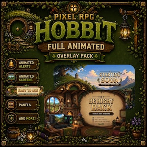 May include: A digital pixel RPG Hobbit themed overlay pack featuring animated alerts, screens, and panels. The design includes a rustic wooden aesthetic with green foliage, a round door, and text elements like Starting Soon and Be Right Back.