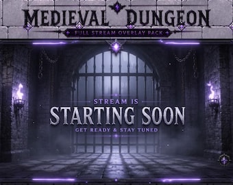 Paquete de superposiciones de Twitch de mazmorra medieval, paquete de transmisión gótico púrpura animado, superposición de transmisión de fantasía oscura, paneles de Twitch de RPG, alertas, cámara web