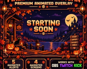 Haunted Castle Autumn Stream Overlay | Halloween 8Bit Twitch Overlay | Animated OBS Stream Package | Pixel Spooky Gaming Overlay