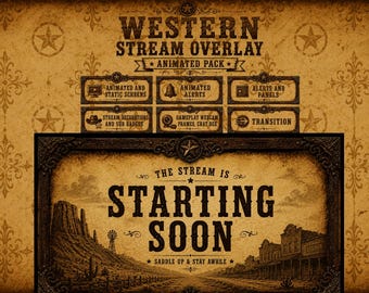 Paquete de superposiciones para Twitch del Salvaje Oeste / Paquete de transmisión de vaquero vintage / Estética de salón rústico / Escenas de paisajes desérticos del oeste