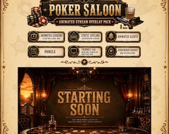 Poker Stream Animated Overlay Pack | Wild West Saloon Twitch Overlay | Vintage Cowboy Stream Package | Vintage Gaming Assets, OBS