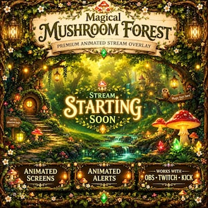 Superposición animada de transmisión de hongo encantado / Paquete de superposiciones de Twitch de bosque de hongos / Fantasy Obs Kick
