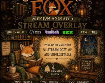 Books Library Twitch Lofi Overlay, Autumn Cottagecore Fox Library Streaming | Fall Books Lover Overlay Stream Pack, Obs Kick