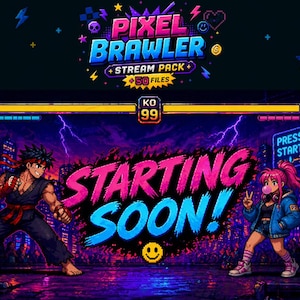 Pixel Stream Overlay Pack - Retro Fighting Game Aesthetic| Neon Arcade Streamer Graphics | Twitch Alerts, Badges, Webcam Frame Chat Box