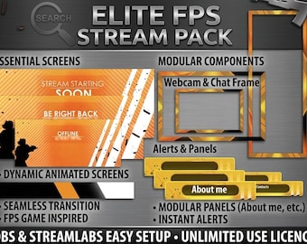 Paquete de superposiciones para transmisiones FPS / Superposición metálica naranja industrial para Twitch / Recursos de superposición para juegos tácticos para OBS y Streamlabs