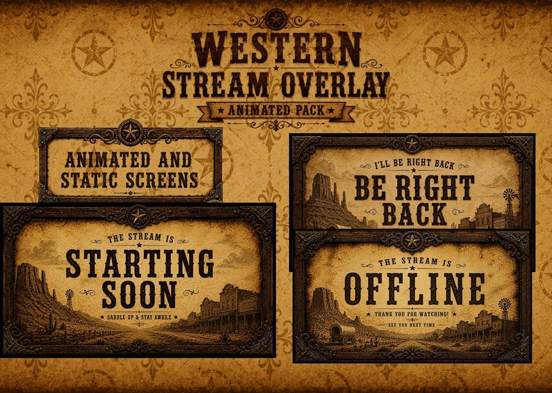 Wild West Twitch Overlay Pack | Vintage Cowboy Stream Bundle | Rustic ...