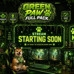 以下が含まれることがあります： 緑と黒を基調としたデジタルゲームストリームオーバーレイ。「GREEN PAW FULL PACK」と「STREAM STARTING SOON」の文字が表示されています。柴犬のキャラクターとゲーム要素が含まれています。