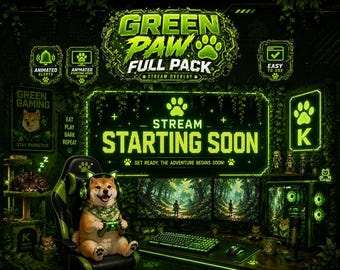 Gaming Room Animated Stream Pack | Shiba Inu Dog Japan Twitch Overlay | Neon Green Pet Streamer | Obs Kick