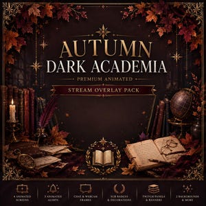Könnte beinhalten: Ein animiertes Premium-Stream-Overlay-Paket im Autumn Dark Academia-Stil mit dunkelbraunem Hintergrund, goldenem Text, Herbstblättern, Büchern, einer Kerze, einem Globus, einer Feder und einer Brille. Enthält 4 animierte Bildschirme, 5 Alarme und Panels.