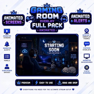 Könnte beinhalten: Ein digitales Gaming-Room-Overlay-Paket mit Pixel-Art-Grafiken in Blau- und Dunkeltönen. Das zentrale Bild zeigt eine Person am Computer mit dem Text STARTING SOON. Enthält Symbole für animierte Bildschirme, Warnmeldungen, Panels und Abzeichen.