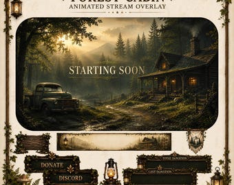 Forest Cabin Animated Stream Overlay Package | Vintage Wood Cabin Twitch Overlay | Rustic Nature Cottagecore Stream Package OBS