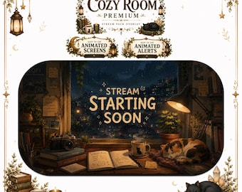 Ghibli Inspired Cozy Room Twitch Overlay | Animated Cat Lover Stream Package | Books Lover Room Overlay | Starting Soon, BRB, Alerts, Webcam