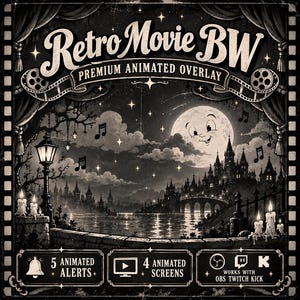 Superposition de stream rétro en noir et blanc | Pack de superpositions animées Twitch style vieux cinéma | Graphismes OBS pour un démarrage en trombe | Alertes animées