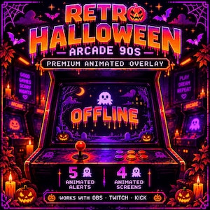 Könnte beinhalten: Eine Pixel-Art-Spielautomaten-Grafik mit dem Titel Retro Halloween Arcade 90s Premium Animated Overlay. Der Bildschirm zeigt das Wort OFFLINE mit einem Geister-Symbol. Es enthält 5 animierte Alarme, 4 animierte Bildschirme und funktioniert mit OBS, Twitch und Kick.