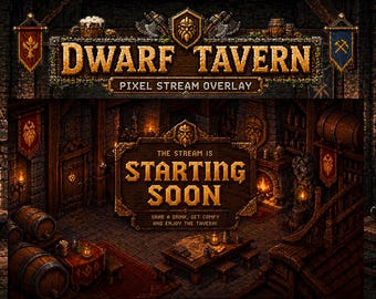 Paquete de superposiciones de arte pixelado de taberna de enanos para Twitch / Escenas acogedoras de posada fantástica para Twitch / Diseño de transmisión inspirado en D&D / Recursos para streamers de taberna medieval