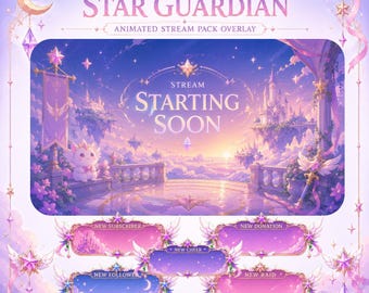 Star Guardian Stream Overlay Pack, Anime Fantasy Twitch Overlay, Animated Stream Screens, Alerts, Webcam, Chatbox & Stream Assets