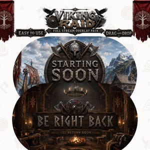 Könnte beinhalten: Ein Viking Raid Stream-Overlay-Paket mit zwei kreisförmigen Grafik-Panels. Das obere Panel zeigt den Text STARTING SOON mit einem Helm und Äxten. Das untere Panel zeigt BE RIGHT BACK und I'LL RETURN SOON mit einer dunklen Innenraumszene.