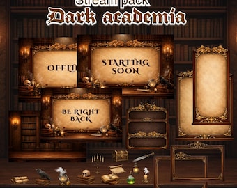 Paquete de superposiciones de Twitch de estilo Dark Academia / Recursos para transmisiones de biblioteca gótica victoriana / Tema estético de erudito misterioso