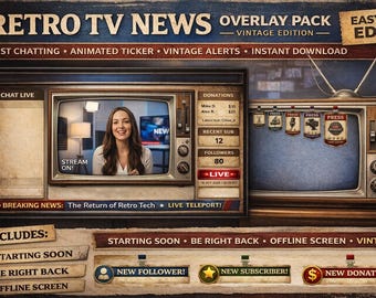Retro TV News Stream Overlay Pack | Vintage Just Talk Twitch Bundle | Old School Broadcast Sub Badges | BREAKING News Overlay Stream