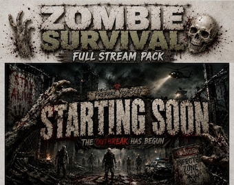 Paquete de superposiciones para transmisiones de zombies / Paquete de gráficos de terror para transmisiones / Tema de supervivencia postapocalíptica / Insignias de suscriptor de Twitch, marcos para cámara web y alertas