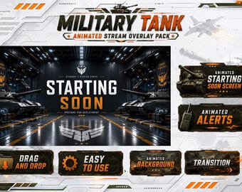 Paquete de superposiciones militares para transmisiones, superposición de tanques tácticos para Twitch, paquete de transmisión de ejército futurista, superposición de juegos de ciencia ficción y alertas de transmisión para OBS.