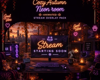 Autumn Neon Room Stream Overlay Pack | Animated Cat Room Twitch Overlay | Fall Gaming Stream Screens, Alerts, Webcam Frames & Panels