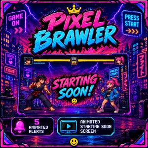 Puede incluir: Una pantalla de inicio digital para un videojuego titulado Pixel Brawler, con un fondo de ciudad iluminado con neón, dos personajes pixelados en posición de combate y el texto Starting Soon, Game On, Press Start y Animated Starting Soon Screen.