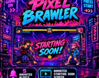 Pixel Brawler Stream Overlay Pack – Retro 90s Arcade Fighting Game Graphics, Twitch Kick Youtube OBS