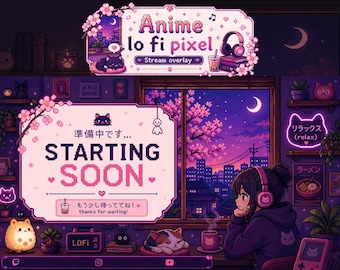 Paquete de superposiciones de anime lo-fi / Superposición de píxeles acogedora de flores de cerezo rosas para Twitch / Gráficos de transmisión de gatos / Transmisión acogedora japonesa