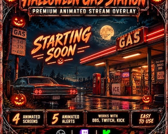 Halloween Gas Station Stream Overlay | Animated Twitch Overlay | OBS Kick Stream Pack | Spooky Gaming Overlay