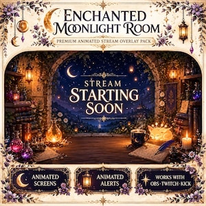 Könnte beinhalten: Ein digitales Stream-Overlay-Paket mit dem Titel Enchanted Moonlight Room, das eine dunkle Fantasy-Bibliothek mit leuchtenden Tränken, Büchern, einer dampfenden Tasse und einem schlafenden Wesen zeigt. Text beinhaltet Stream Starting Soon und Animated Screens.