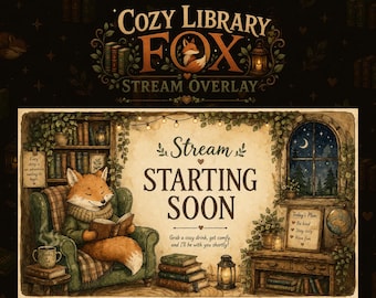 Cozy Library Twitch Lofi Overlay, Cottagecore Fox Woodland Stream Background | Books Lover Overlay Stream Pack, Obs Asset, Alerts, Frames