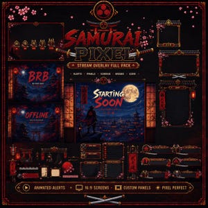 Può includere: Un pacchetto di sovrapposizione per streaming digitale a tema samurai con schemi di colori rossi e neri. Include schermate etichettate BRB, OFFLINE e STARTING SOON, insieme a cornici decorative, pannelli e icone decorate con fiori di ciliegio.