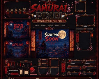Samurai Pixel Art Stream Overlay Pack | Animated BRB Starting Soon Dark Japanese | Katana & Sakura Lo-Fi Theme |Twitch